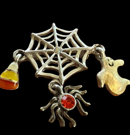 Halloween Metal Pumpkin Pin  w/3 Charms Signed AJMC
