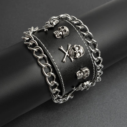 Bracelet Black Leather Stainless Steel Skull And Crossbones Chain