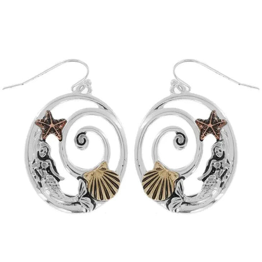 Mermaid Shell Starfish Metal Swirl Oval Hook Dangle Earrings