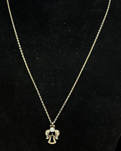 Vintage Goldtone Crystal & Lite Blue Stones Angel Necklace Marked DM