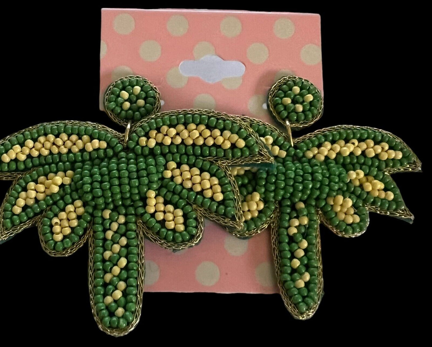 Beaded Palm Tree  Earrings Green & Lite Yellow