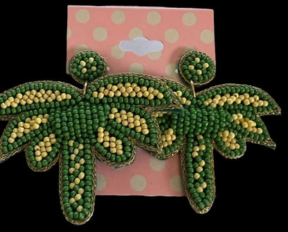 Beaded Palm Tree  Earrings Green & Lite Yellow