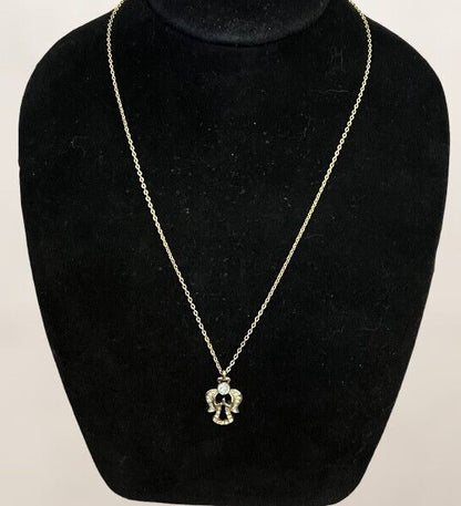 Vintage Goldtone Crystal & Lite Blue Stones Angel Necklace Marked DM