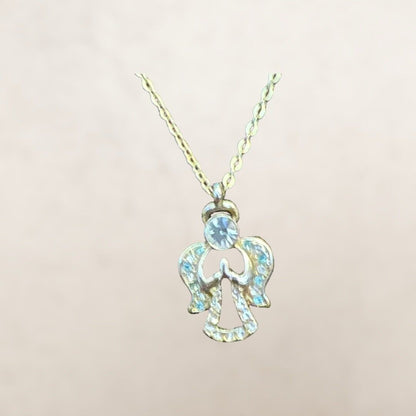 Vintage Goldtone Crystal & Lite Blue Stones Angel Necklace Marked DM